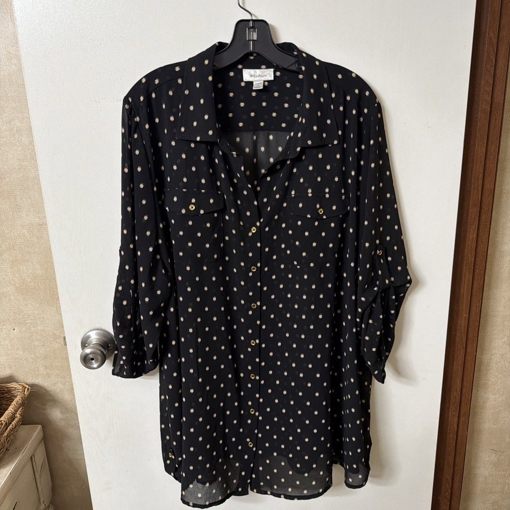 Dressbarn Women Button Down Roll Tab Sleeve Top Tunic Sz 3X Black W/Polka Dots